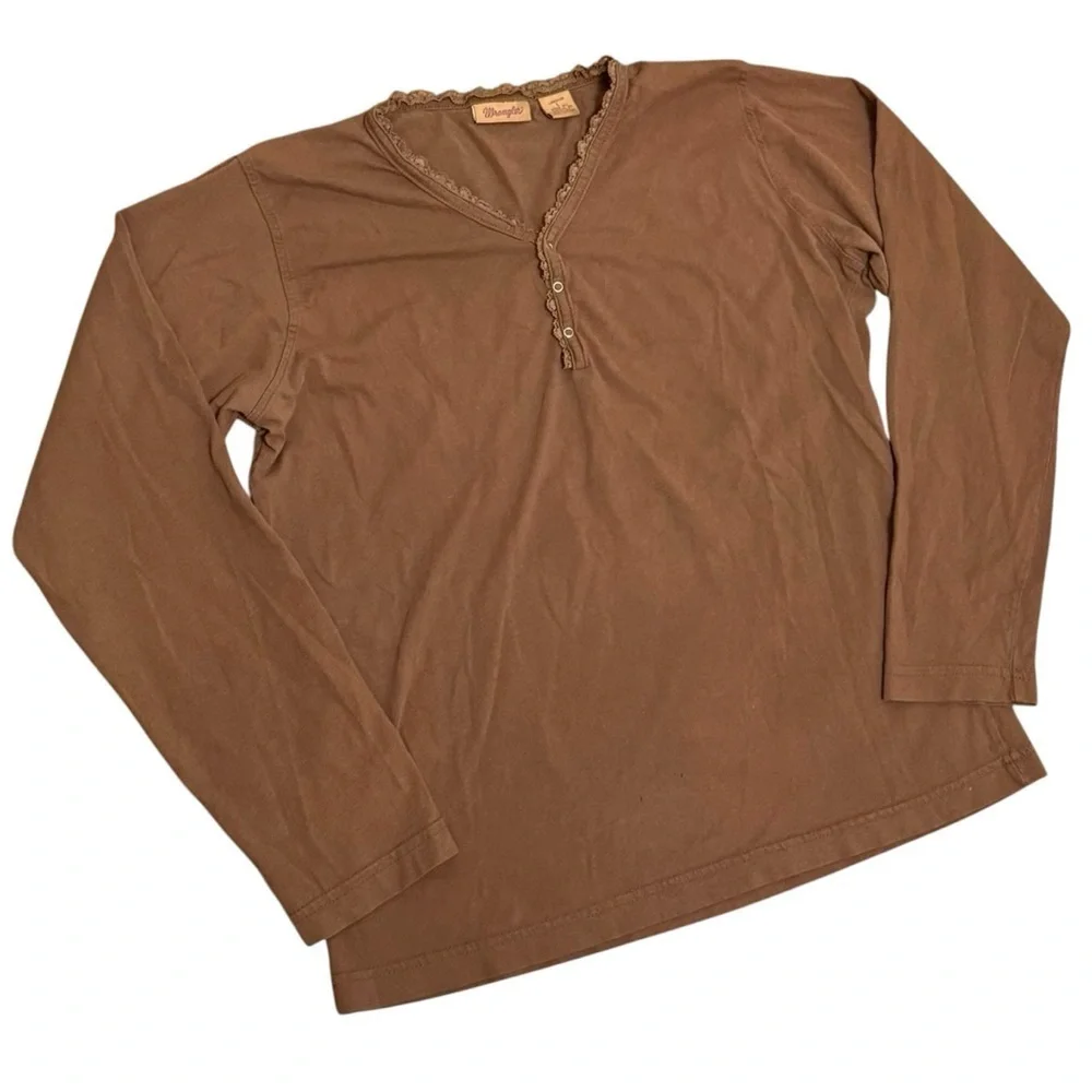 Wrangler Y2K Lace Trim Henley Long Sleeve T-Shirt Women Large Chocolate Brown - Picture 3 of 8